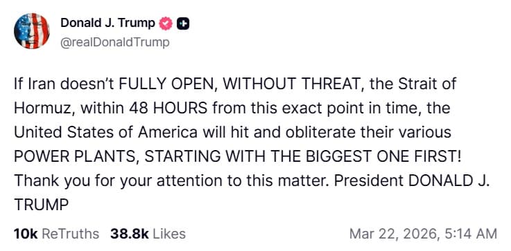 Trump's 48-hour ultimatum to Iran over the Strait of Hormuz posted on Truth Social